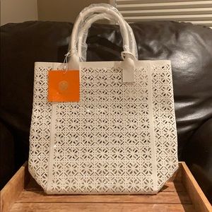 Tory Burch white plastic laser cut tote bag